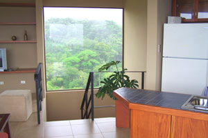 A big picture window tops the stairway to the kitchen/living room level.